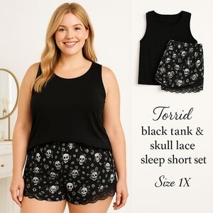 Torrid 1X Black Skull Lace Sleep Short & black tank  top set NWT
